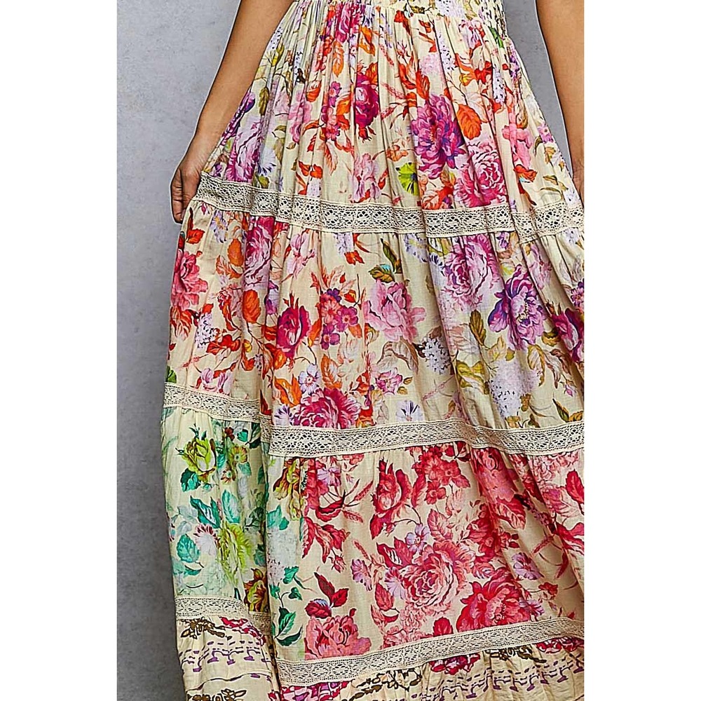 POL Floral V-Neck Sleeveless Cotton Maxi Dress Smocked Waist Ruffle Trim Boho M - Picture 6 of 7
